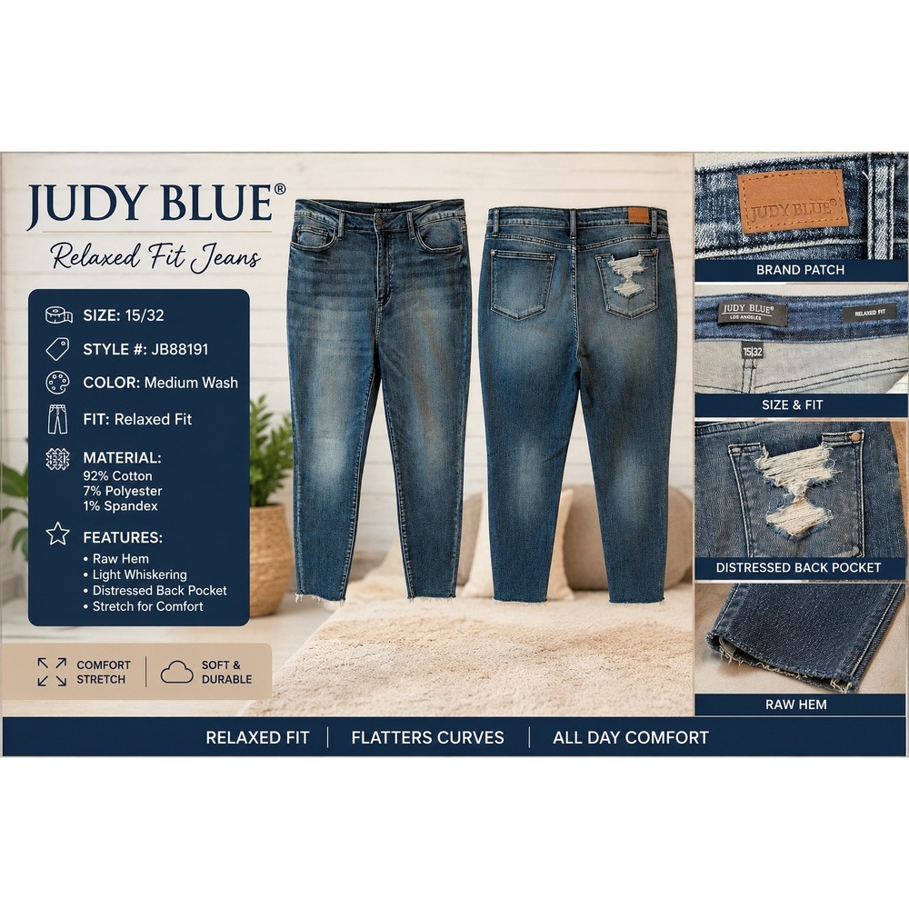 Judy Blue Relaxed Fit Medium Wash Distressed Jeans Raw Hem JB88191 Size 15/32